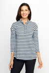 Top Ligne Striped Cable Stitch Top in Blue/Black.  Textured horizontal stripes in light blue and black with vertical miniature cable stitching.  Stand collar with notched v placket.  3/4 sleeves.  Back box pleat detail.  Relaxed fit._t_61551600894318