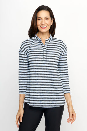 Top Ligne Striped Cable Stitch Top in Blue/Black.  Textured horizontal stripes in light blue and black with vertical miniature cable stitching.  Stand collar with notched v placket.  3/4 sleeves.  Back box pleat detail.  Relaxed fit._61551600894318