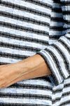 Top Ligne Striped Cable Stitch Top in Blue/Black.  Textured horizontal stripes in light blue and black with vertical miniature cable stitching.  Stand collar with notched v placket.  3/4 sleeves.  Back box pleat detail.  Relaxed fit._t_61551600959854