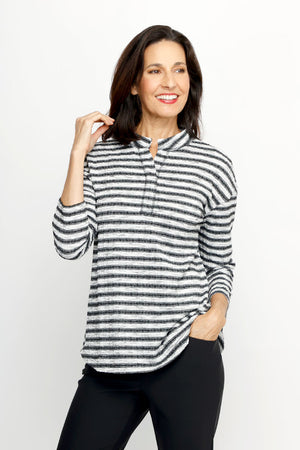 Top Ligne Striped Cable Stitch Top in Gray/Black.  Textured horizontal stripes in gray and black with vertical miniature cable stitching.  Stand collar with notched v placket.  3/4 sleeves.  Back box pleat detail.  Relaxed fit._61551600992622