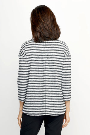 Top Ligne Striped Cable Stitch Top in Gray/Black.  Textured horizontal stripes in gray and black with vertical miniature cable stitching.  Stand collar with notched v placket.  3/4 sleeves.  Back box pleat detail.  Relaxed fit._61551601025390