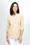 Top Ligne Striped Button Cuff Top in Khaki.  Light gray and white striped collared v neck shirt with 3/4 sleeve cuffs and button embelishments_t_34962536628424