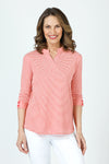 Top Ligne Button Cuff top in coral and white stripes.  Stand color with split neck shirt with 3/4 sleeve and solid color 2 button cuff.  Relaxed fit._t_59971847127406