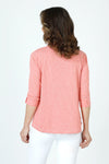 Top Ligne Button Cuff top in coral and white stripes.  Stand color with split neck shirt with 3/4 sleeve and solid color 2 button cuff.  Relaxed fit._t_59971847258478