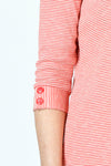 Top Ligne Button Cuff top in coral and white stripes.  Stand color with split neck shirt with 3/4 sleeve and solid color 2 button cuff.  Relaxed fit._t_59971847291246