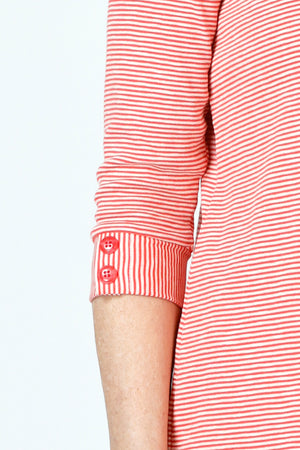 Top Ligne Button Cuff top in coral and white stripes.  Stand color with split neck shirt with 3/4 sleeve and solid color 2 button cuff.  Relaxed fit._59971847291246