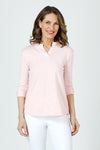Top Ligne Button Cuff top in light pink and white stripes.  Stand color with split neck shirt with 3/4 sleeve and solid color 2 button cuff.  Relaxed fit._t_59971847094638