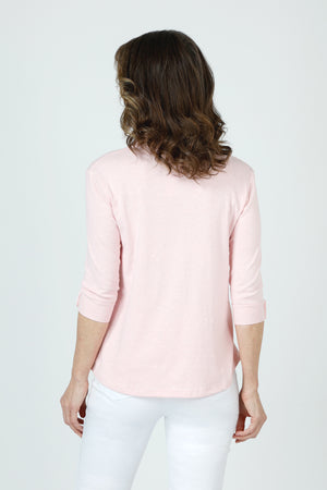 Top Ligne Button Cuff top in light pink and white stripes.  Stand color with split neck shirt with 3/4 sleeve and solid color 2 button cuff.  Relaxed fit._59971847061870