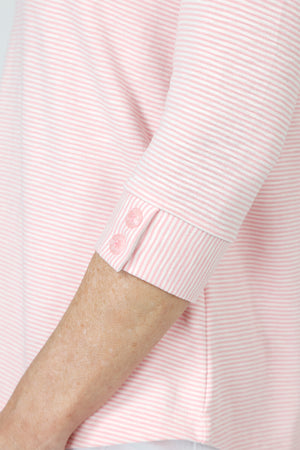 Top Ligne Button Cuff top in light pink and white stripes.  Stand color with split neck shirt with 3/4 sleeve and solid color 2 button cuff.  Relaxed fit._59971847160174