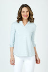Top Ligne Button Cuff top in sky blue and white stripes.  Stand color with split neck shirt with 3/4 sleeve and solid color 2 button cuff.  Relaxed fit._t_59980985860462