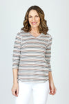 Top Ligne Shirttail V Neck in Black/Brown/White.  Textural horizontal stripes.  Banded v neck 3/4 sleeve top with shirttail hem.  Relaxed fit._t_59698622824814