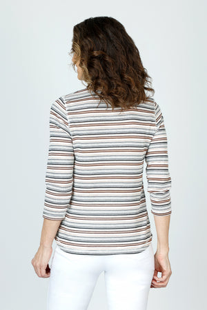 Top Ligne Shirttail V Neck in Black/Brown/White.  Textural horizontal stripes.  Banded v neck 3/4 sleeve top with shirttail hem.  Relaxed fit._59698622857582