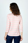 Top Ligne Shirttail V Neck in Pink/Blue/Yellow.  Textural horizontal stripes.  Banded v neck 3/4 sleeve top with shirttail hem.  Relaxed fit._t_59698622792046