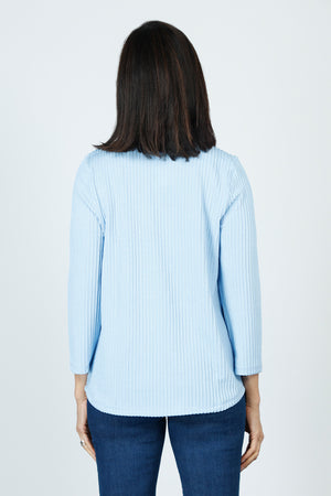 Top Ligne Ribbed V Neck Shirttail Top in Light Blue.  Raised vertical rib.  V neck with 3/4 sleeve with shirttail hem.  Relaxed fit._59595262099822