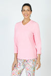 Top Ligne Ribbed V Neck Shirttail Top in Pink.  Raised vertical rib.  V neck with 3/4 sleeve with shirttail hem.  Relaxed fit._t_59595262263662
