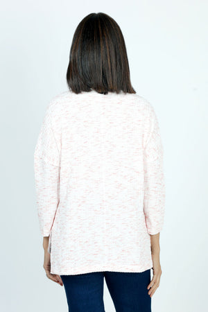 Ten Oh 8 Dolman Sweater with Slant Pocket in Coral. Pink textured flecks on a light background.  Crew neck 3/4 sleeve dolman knit.  Single angled patch pocket on left side.  Curved hem in front; straight in back. Relaxed fit._52912145531246