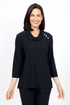 Organic Rags Vicki Cowl Neck Top in Black.  Cowl neck  pullover with 3 button detail at left shoulder.  3/4 sleeve.  A line shape.  Relaxed fit._t_35298301018312