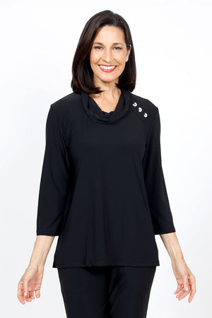 Organic Rags Vicki Cowl Neck Top in Black.  Cowl neck  pullover with 3 button detail at left shoulder.  3/4 sleeve.  A line shape.  Relaxed fit._35298301018312