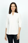 Top Ligne Button Cuff Stitch Stripe in Beige/White.  Broken stripes in Beige on a white background. Stand collar with v placket.  3/4 sleeve with 2 buttons at cuff.  Curved hem.  Relaxed fit._t_53001369944430