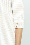 Top Ligne Button Cuff Stitch Stripe in Beige/White.  Broken stripes in Beige on a white background. Stand collar with v placket.  3/4 sleeve with 2 buttons at cuff.  Curved hem.  Relaxed fit._t_53001370239342