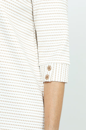 Top Ligne Button Cuff Stitch Stripe in Beige/White.  Broken stripes in Beige on a white background. Stand collar with v placket.  3/4 sleeve with 2 buttons at cuff.  Curved hem.  Relaxed fit._53001370239342
