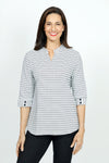 Top Ligne Button Cuff Stitch Stripe in Black/White.  Broken stripes in Black on a white background. Stand collar with v placket.  3/4 sleeve with 2 buttons at cuff.  Curved hem.  Relaxed fit._t_53001369747822