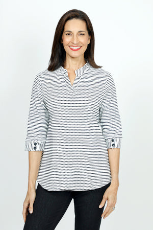 Top Ligne Button Cuff Stitch Stripe in Black/White.  Broken stripes in Black on a white background. Stand collar with v placket.  3/4 sleeve with 2 buttons at cuff.  Curved hem.  Relaxed fit._53001369747822