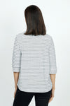 Top Ligne Button Cuff Stitch Stripe in Black/White.  Broken stripes in Black on a white background. Stand collar with v placket.  3/4 sleeve with 2 buttons at cuff.  Curved hem.  Relaxed fit._t_53001370009966