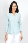 Top Ligne Snap Front Pucker shirt in Aqua. Pointed collar snap front top with pairs of snaps. Textured top. 3/4 sleeve. shirt tail hem. Relaxed fit._t_34977685635272