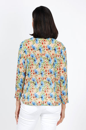 Top Ligne Pleated Floral Snap Front Shirt. Blue and pink floral vine print on a beige background. Pointed collar snap front shirt. Tiny vertical pleating. 3/4 sleeve. Relaxed fit._35322847854792