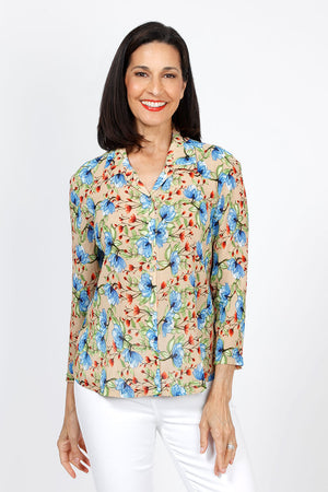 Top Ligne Pleated Floral Snap Front Shirt. Blue and pink floral vine print on a beige background. Pointed collar snap front shirt. Tiny vertical pleating. 3/4 sleeve. Relaxed fit._35322847887560