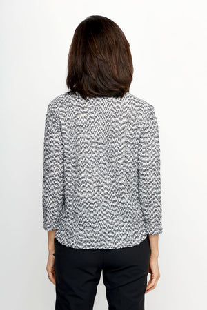 Top Ligne Plaid Print Snap Front Shirt in Black/Gray/White.  Textured plaid inspired print.  Pointed collar snap front with 3/4 sleeve.  Shirttail hem.  Relaxed fit._61536556843374
