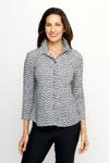 Top Ligne Plaid Print Snap Front Shirt in Black/Gray/White.  Textured plaid inspired print.  Pointed collar snap front with 3/4 sleeve.  Shirttail hem.  Relaxed fit._t_61536556810606