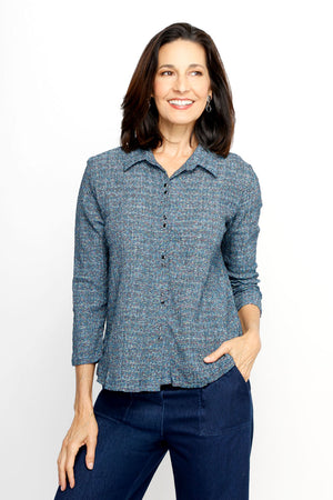 Top Ligne Plaid Print Snap Front Shirt in Navy Multi.  Textured plaid inspired print.  Pointed collar snap front with 3/4 sleeve.  Shirttail hem.  Relaxed fit._61536556908910