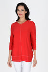 OURS Darla Front Seam Top in Red. Crew neck tunic length tub with 3/4 sleeve. White double top stitching detail down center front and back and at hem. Cut out side slits. Relaxed shape._t_34306755690696