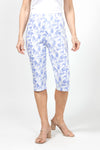 Holland Ave Julia Abstract Floral Pedal Pusher.  Periwinkle abstract floral print on a white background.  Pull on pant with hidden elastic waistband and faux fly.  Snug through stomach and hip slim through leg.  17" inseam._t_34995723600072
