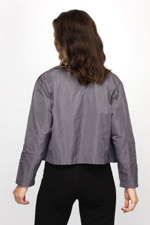 Planet Nylon Triple Collar Jacket in Lava. Cropped nylon long sleeve open jacket with oversized triple collar. One size fits most._60881118789998