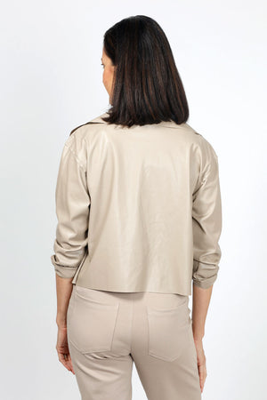 Planet Vegan Leather Triple Collar Jacket in Fawn. Triple collar cropped jacket with long sleeves._34953296904392
