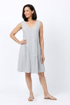 Organic Rags Stripe Tank Patch Dress in Gray with white stripes.  V neck sleeveless dress with front asymmetric patchwork of gathered squares.  Plain back with waist seam.  Relaxed fit._t_34842979729608