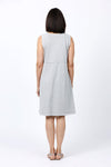Organic Rags Stripe Tank Patch Dress in Gray with white stripes. V neck sleeveless dress with front asymmetric patchwork of gathered squares. Plain back with waist seam. Relaxed fit._t_34842979664072