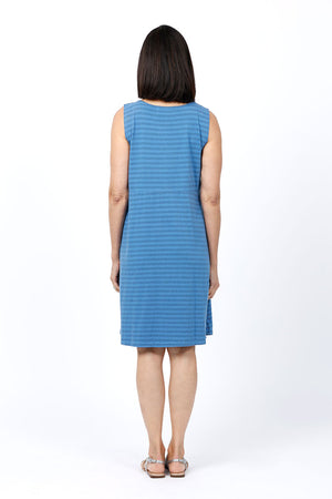Organic Rags Stripe Tank Patch Dress in Navy. Light blue and navy stripes. V neck sleeveless dress with front asymmetric patchwork of gathered squares. Plain back with waist seam. Relaxed fit._34842979631304
