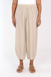 Organic Rags Crop Pant with Dart in Rye. Elastic waist lightweight crinkle pant with balloon leg and darts at hem to taper. 26" inseam._t_34247545258184