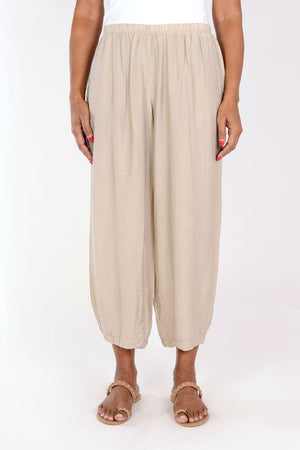 Organic Rags Crop Pant with Dart in Rye. Elastic waist lightweight crinkle pant with balloon leg and darts at hem to taper. 26" inseam._34247545258184