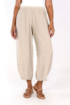 Organic Rags Crop Pant with Dart in Rye. Elastic waist pull on pant with dart at hem. Draped leg. 11" leg opening. 26" inseam._t_35458229076168