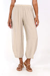 Organic Rags Crop Pant with Dart in Rye. Elastic waist lightweight crinkle pant with balloon leg and darts at hem to taper. 26" inseam._t_34247545225416