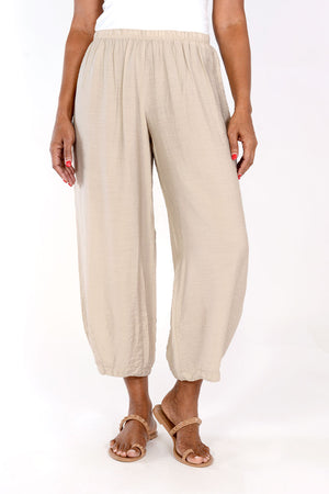 Organic Rags Crop Pant with Dart in Rye. Elastic waist lightweight crinkle pant with balloon leg and darts at hem to taper. 26" inseam._34247545225416