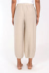 Organic Rags Crop Pant with Dart in Rye. Elastic waist lightweight crinkle pant with balloon leg and darts at hem to taper. 26" inseam._t_34247545356488