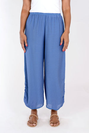 Organic Rags Ruched Pant in Atlantic Blue.  1/2" elastic waist wide leg pant with side seam detail and ruching above hem.  24 1/4" inseam._34247550730440