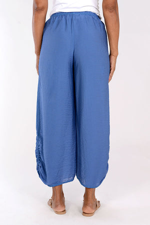 Organic Rags Ruched Pant in Atlantic Blue. 1/2" elastic waist wide leg pant with side seam detail and ruching above hem. 24 1/4" inseam._34247550763208