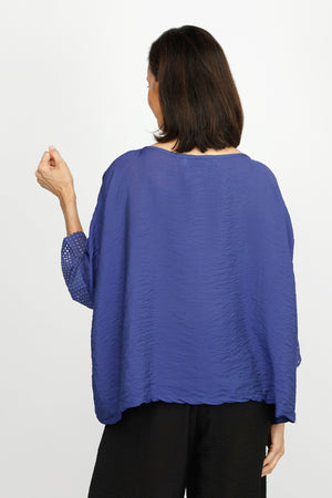 Organic Rags Sheer Sleeve Crop Top in Admiral blue.  Crew neck dolman 3/4 sleeve top with square mesh grid on cuff.  One size fits many.  Oversized fit._60221954720110